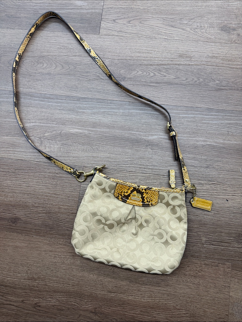 Coach Beige Signature Crossbody with Yellow Snake-Print Trim